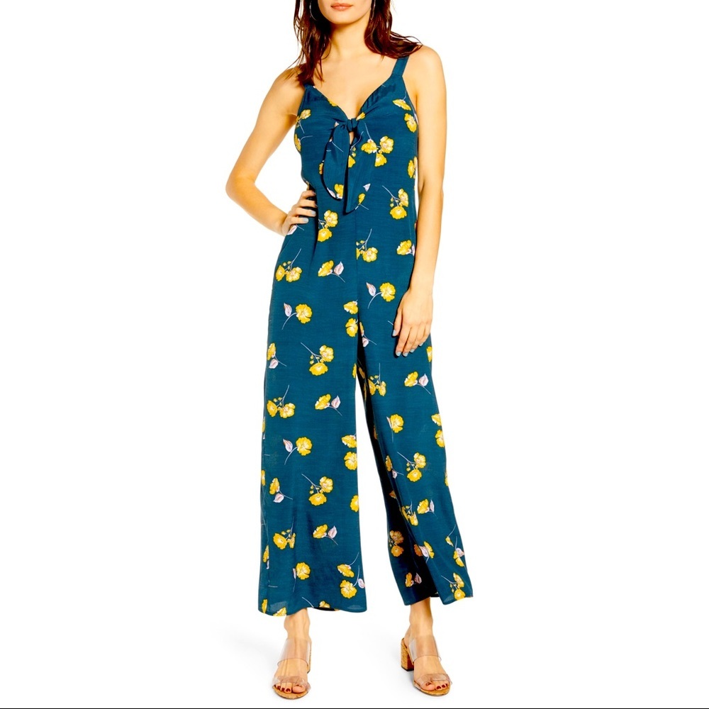 All In Favor Nordstrom Floral Print Tie Front Jumpsuit Navy